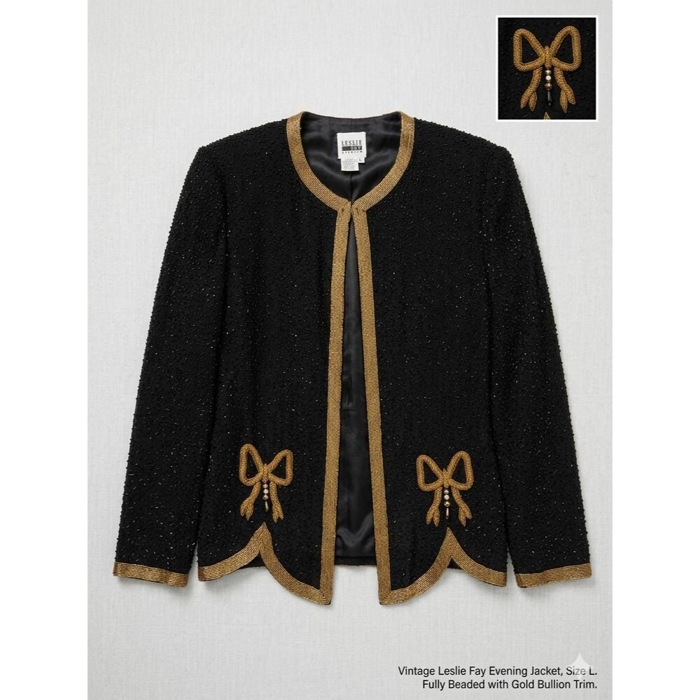 Vintage Leslie Fay Evenings Black Silk Beaded Gold Bow Jacket Size L